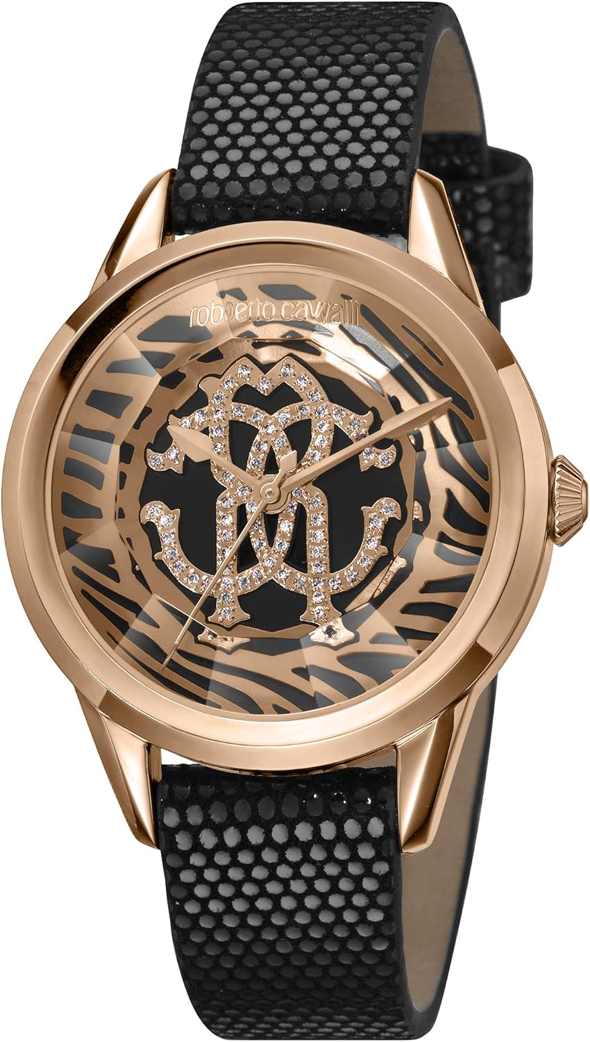 roberto cavalli 女士 rc-71 金色瑞士石英手表 皮革小牛皮表带 黑色